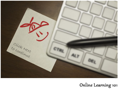 Image of a keyboard and sticky note, labelled Online Learning 101